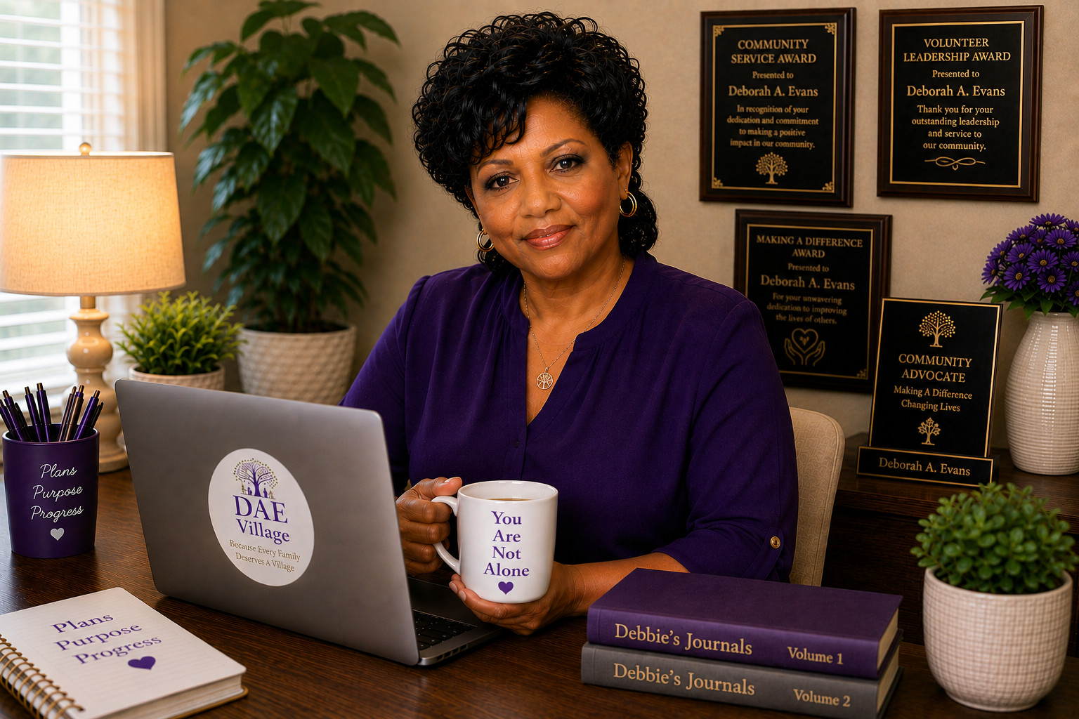 Debbie working in a warm home office with a DAE Village laptop, coffee mug, and community service awards